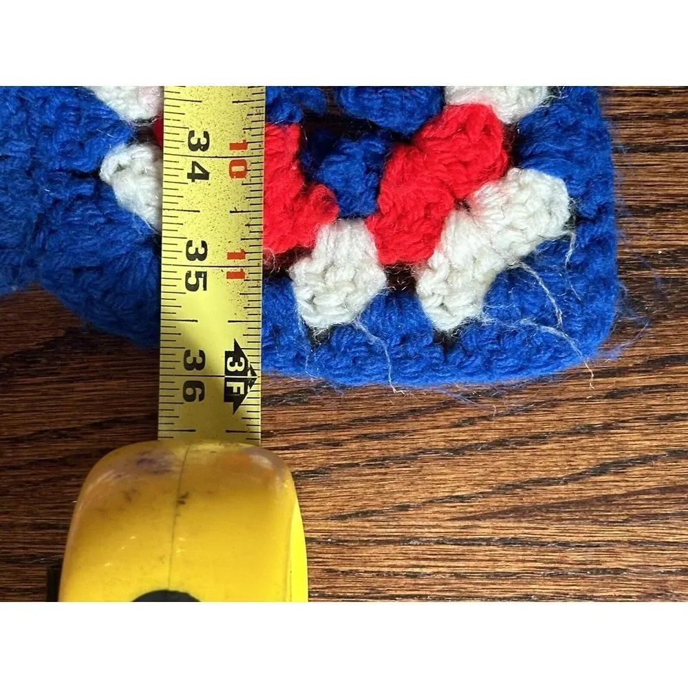Vintage Hand Crocheted Granny Rectangle  Red‎ White & Blue Afghan Blanket 49x36